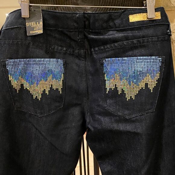 Express Women 4 Blue Stella Boot Leg Jeans Sequin Low Rise Denim Dark shimmery - Picture 8 of 16